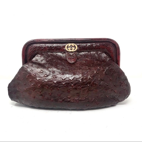 ✨GUCCI✨ OMG!! Exotic Ostrich Clutch w Gold GG Wine - Picture 3 of 8